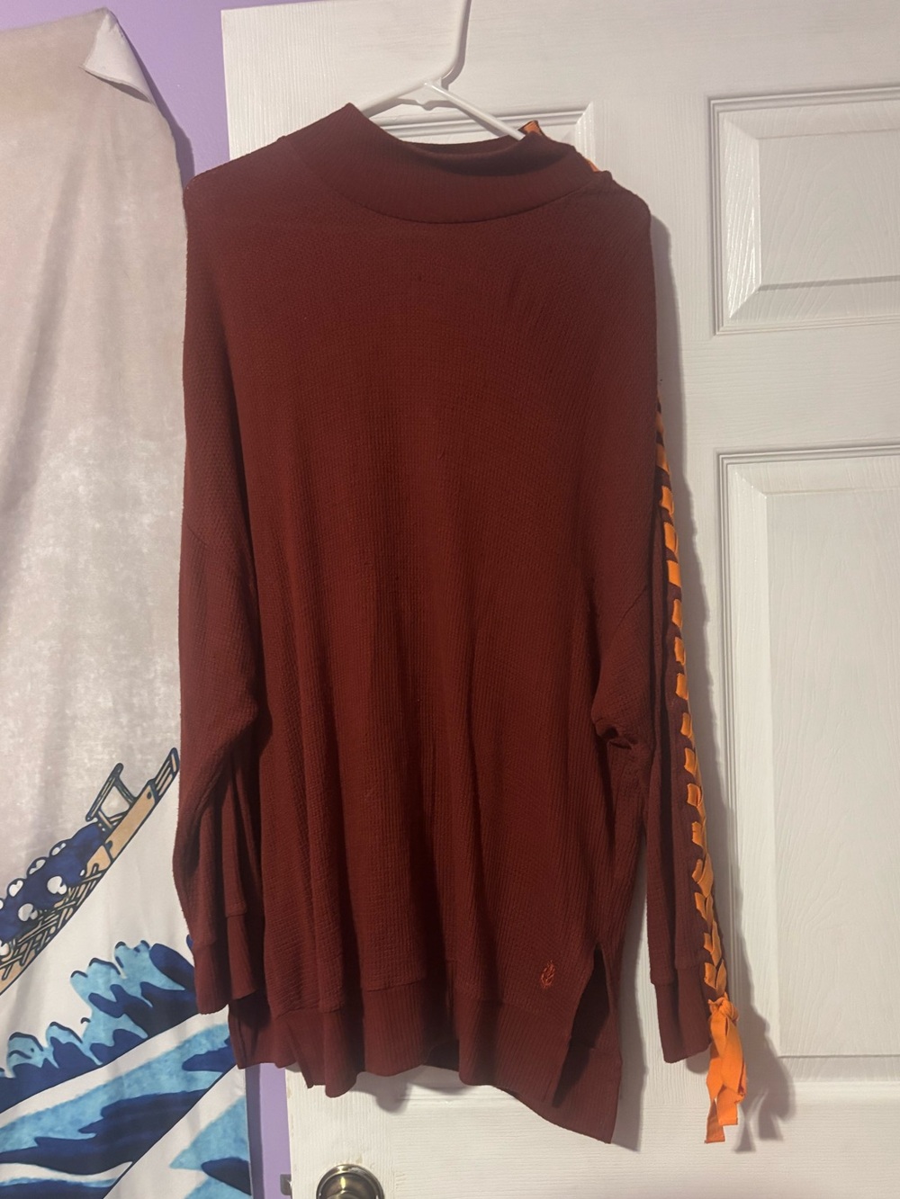 free people/ FP Movement Rust Long-Sleeve Knit Sweater with Orange Ribbon Detail